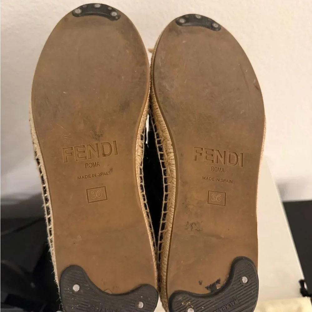 Fendi Black Leather FF Espadrille Flats Logo Jute Sole Size 36